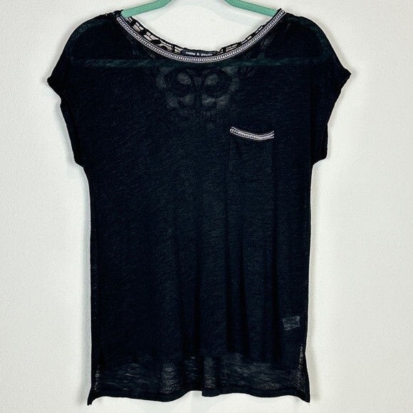 Cable & Gauge Linen Blend Lace Back Short Sleeve Top S - Picture 1 of 8